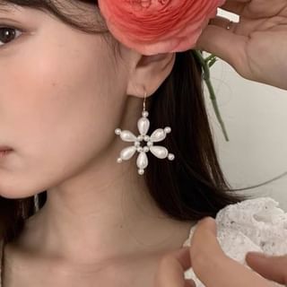 Korrs Floral Faux Pearl Asymmetrical Drop Hook Earring