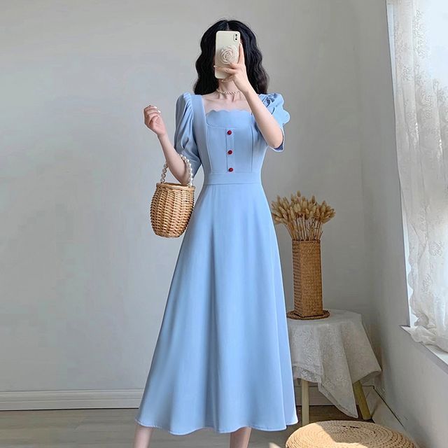 Eckazoo - Puff-Sleeve Square Neck Midi A-Line Dress | YesStyle