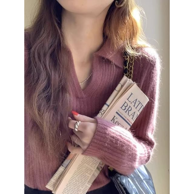 Faiar-V-Neck Collared Plain Sweater
