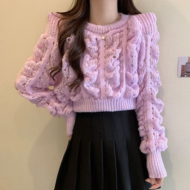 Sisyphi-Crewneck Cable Knit Plain Crop Cardigan