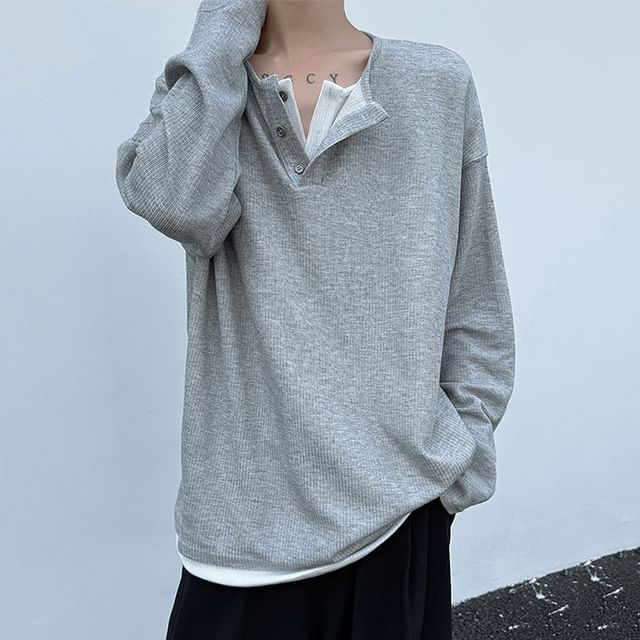 GRAYCIOUS-Mock Two-Piece Long-Sleeve Henley Two Tone Top