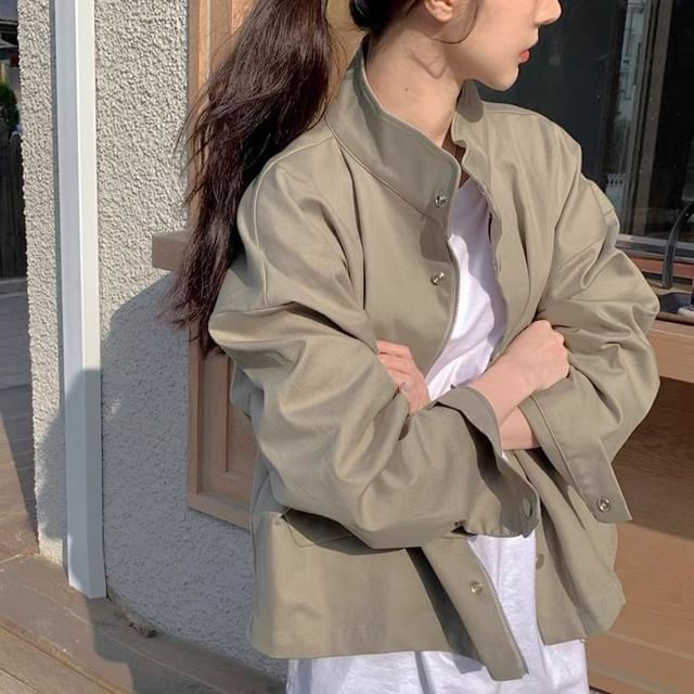 Yako-Stand Collar Plain Button Cropped Jacket