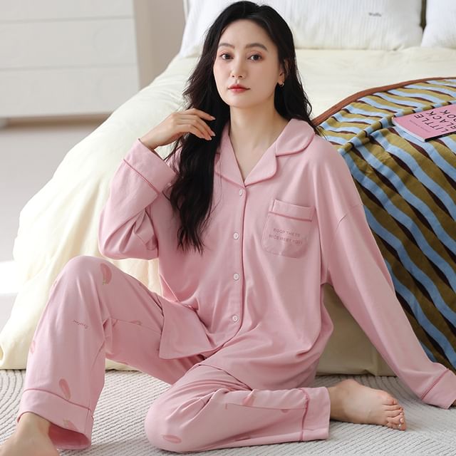 Jeony-Long-Sleeve Strawberry Print Pajama Set