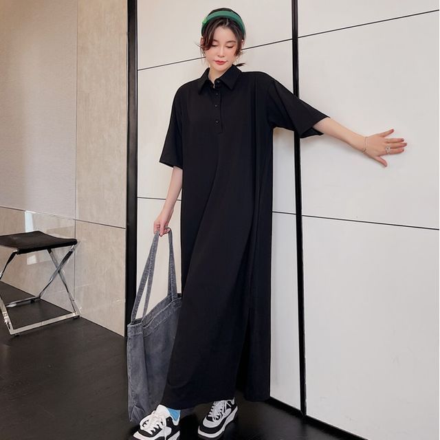 Timpicert Elbow-Sleeve Maxi Polo Shirt Dress YesStyle