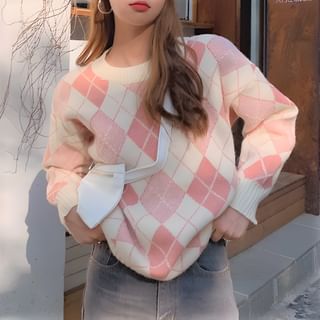 pink and white argyle sweater