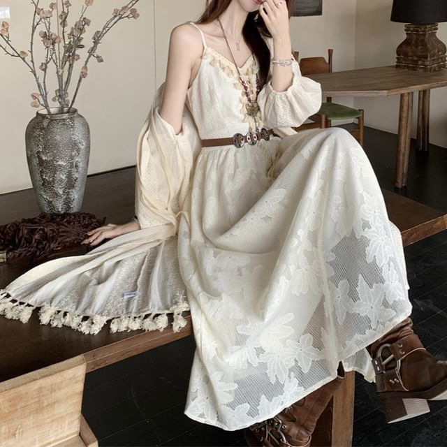 Trendycas-Vestido midi de línea A con escote en V tirantes finos borlas y encaje Chaqueta larga lisa con lazo delantero Cinturón