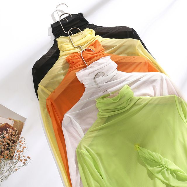Essere-Long-Sleeve High Neck Plain Shirred Mesh Top
