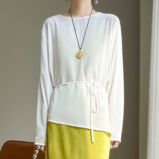 Weelop-Set Long-Sleeve Round Neck Plain Asymmetrical Tee String Belt