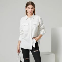 YS by YesStyle - Eco-Friendly Oversized Long-Sleeve Pocket-Detail Shirt