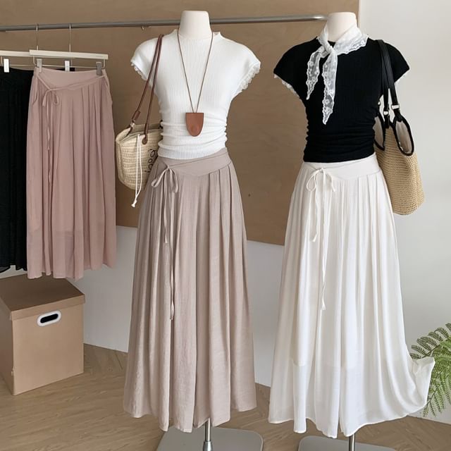 Dute-High Waist Plain Sashed Wide Leg Pants