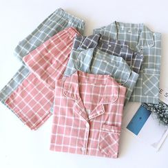 Dogini - Couple-Matching Pajama Set: Long-Sleeve Check Top + Pants
