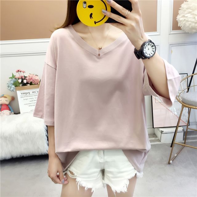 Everose-Short-Sleeve V-Neck Plain T-Shirt
