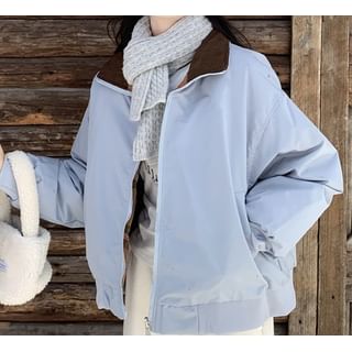 Trendycas-Lapel Collar Plain Puffer Zip Bomber Jacket