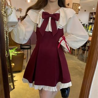 Set: Long-Sleeve Plain Blouse + Sleeveless Pleated Trim A-Line Dress