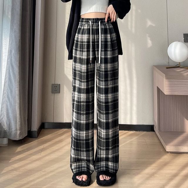 Magimomo Drawstring Waist Plaid Wide Leg Pants (Various Designs