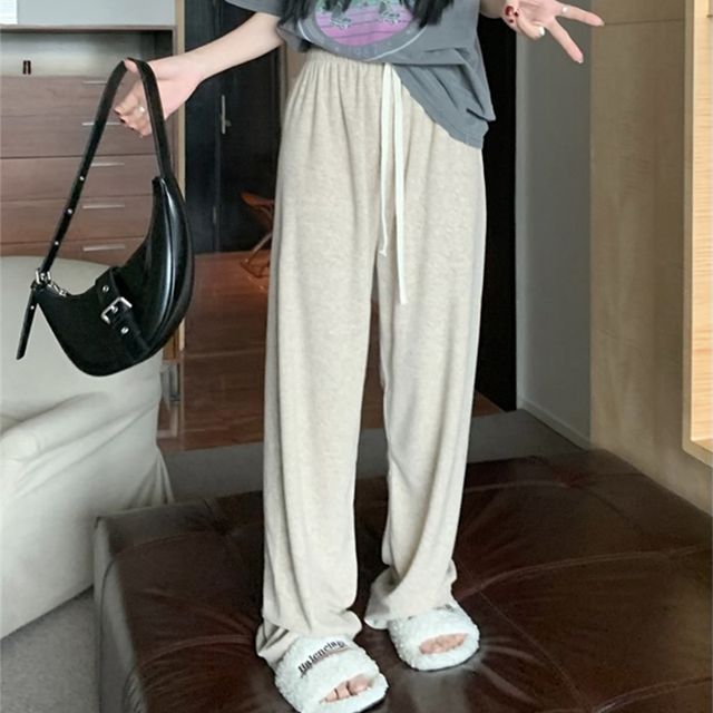 Everose-Drawstring Waist Plain Wide Leg Pants