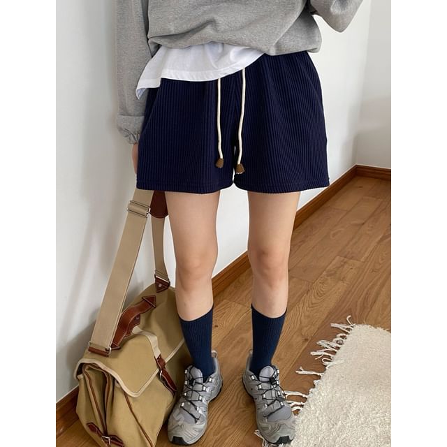 SeoulPop-Drawstring Waist Plain Ribbed Shorts
