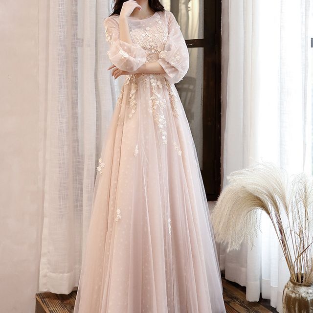 LEFFA-Long-Sleeve Crew Neck Mesh A-Line Evening Gown