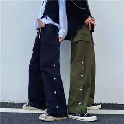 Porstina - Side Buttoned Straight-Cut Cargo Pants Porstina - Side Buttoned Straight-Cut Cargo Pants