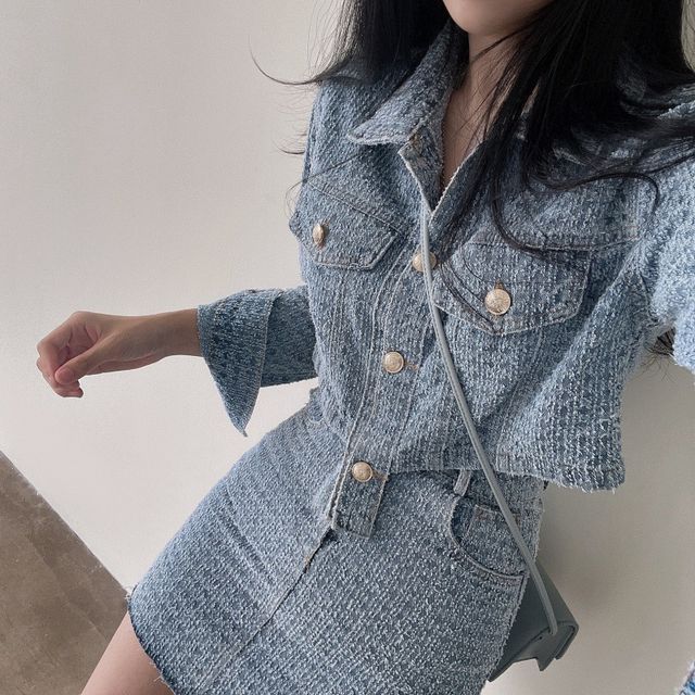 MIKIGA-Set Asymmetrical Crop Button-Up Denim Jacket High Waist Mini Pencil Skirt