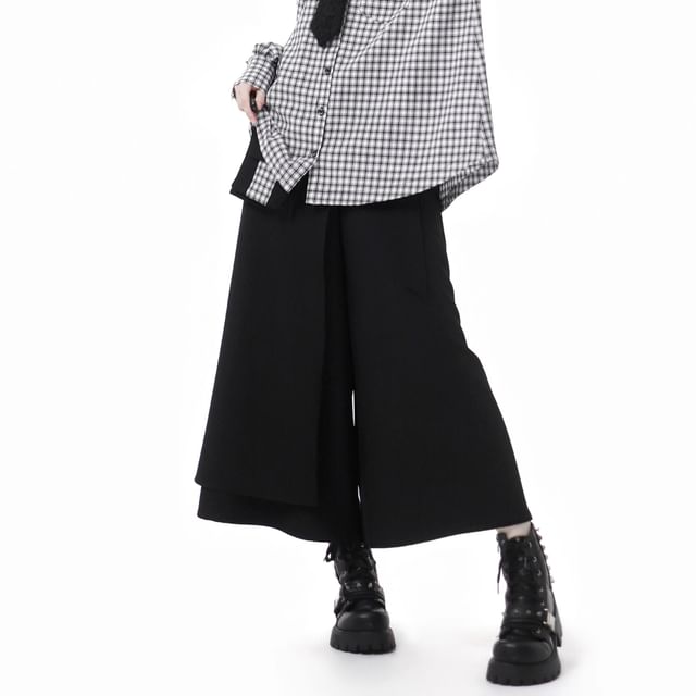 Florimi-High Waist Mock Two-Piece Plaid Panel Cropped Culottes