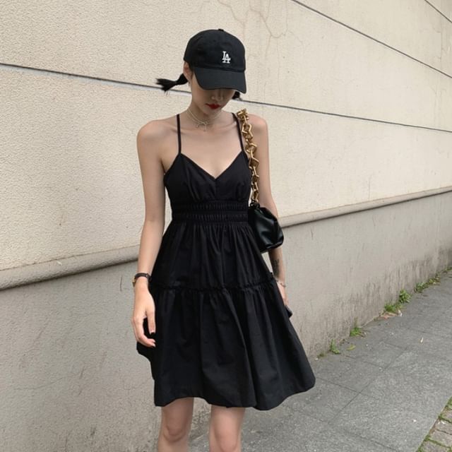 PINPI-Spaghetti Strap V-Neck Plain Frill Trim Open Back Mini A-Line Dress