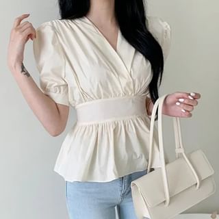 Rosesand-Puff Sleeve V-Neck Plain Slim-Fit Blouse