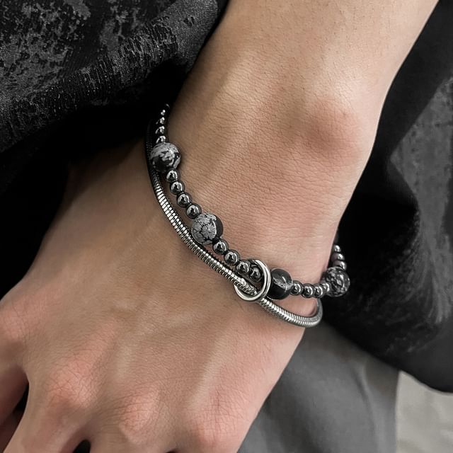 Black Degree-Stainless Steel Beaded Layered Bracelet