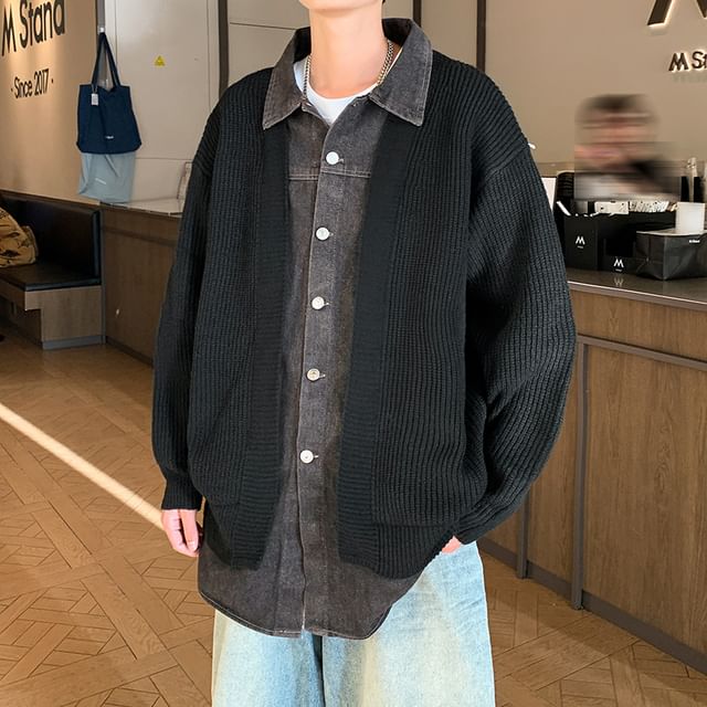 Plummie-Mock Two-Piece Collared Denim Button-Up Jacket