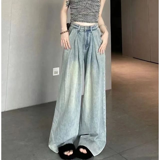 Everose-High Waist Washed Wide Leg Jeans