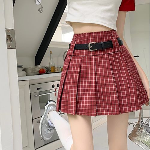 Bakli - Set: High Waist Plaid Pleated Mini A-Line Skirt + Faux