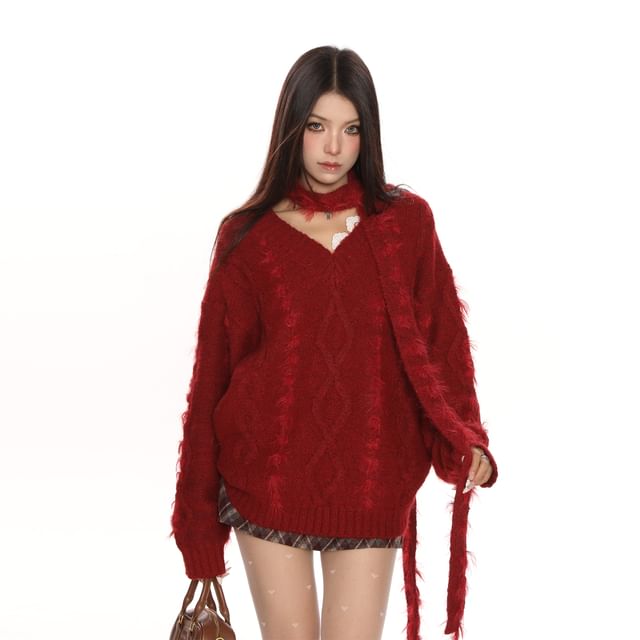 Berrytrix-Set V-Neck Plain Fringed Sweater Scarf