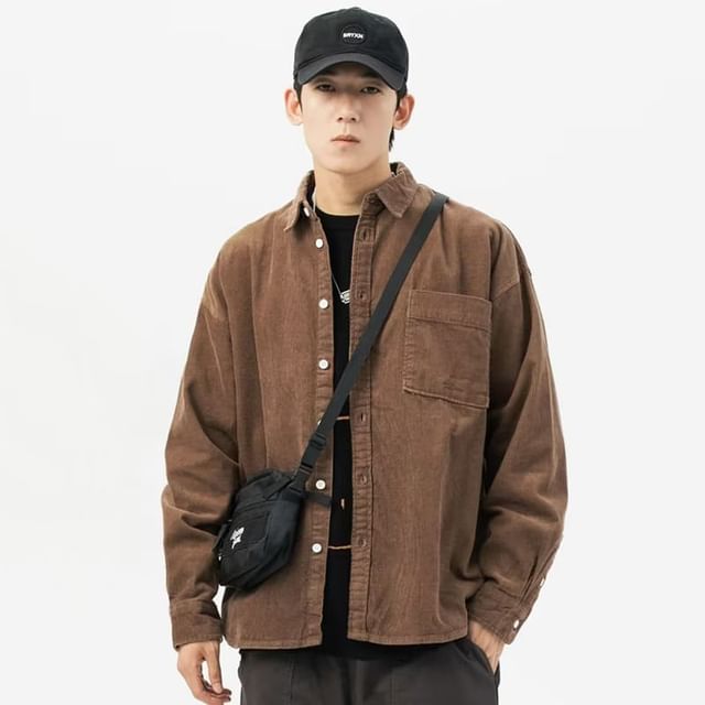 GRAYCIOUS-Collar Plain Corduroy Pocket Detail Button Shacket