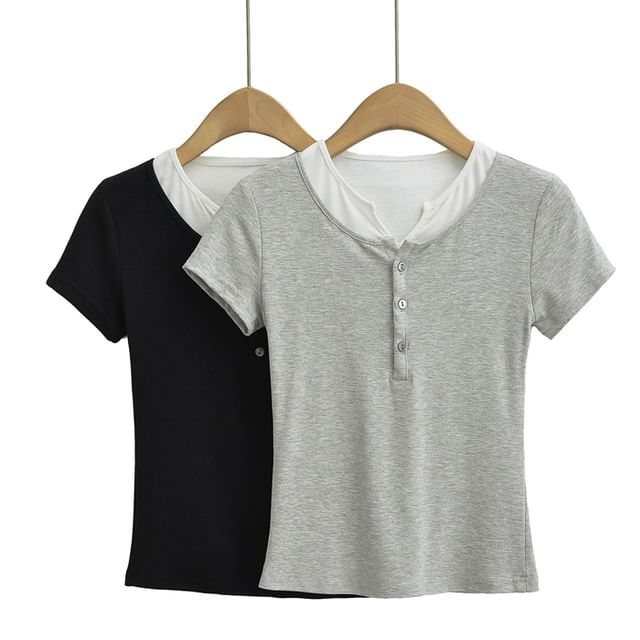 Ulark-Short-Sleeve Notch Neck Mock Two Piece Tee