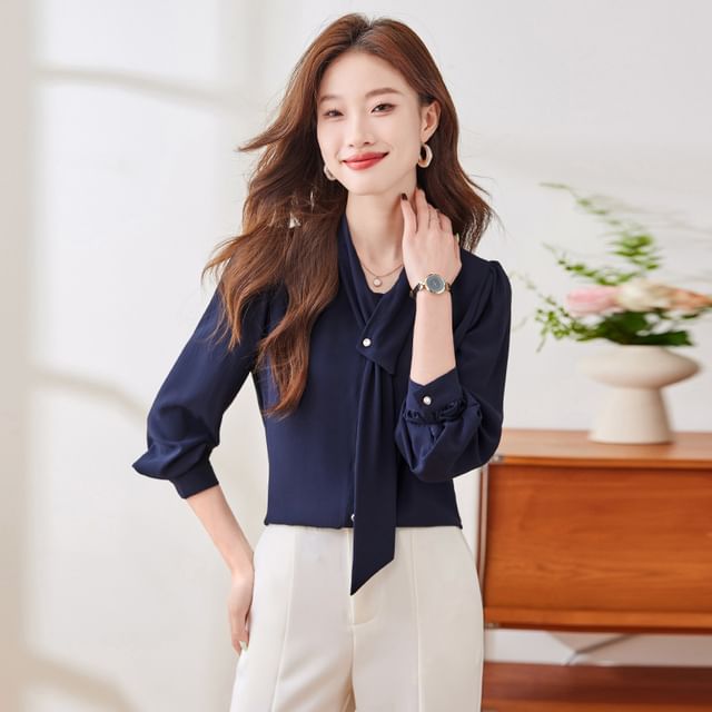 Skyheart-Long Sleeve Collared Plain Blouse