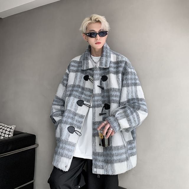Bay Go Mall-Collared Plaid Toggle Jacket