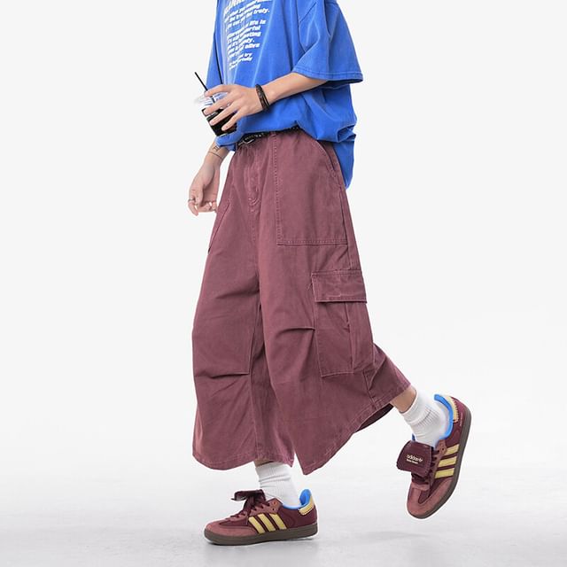 FOEV-Mid Rise Plain Cargo Crop Wide Leg Pants