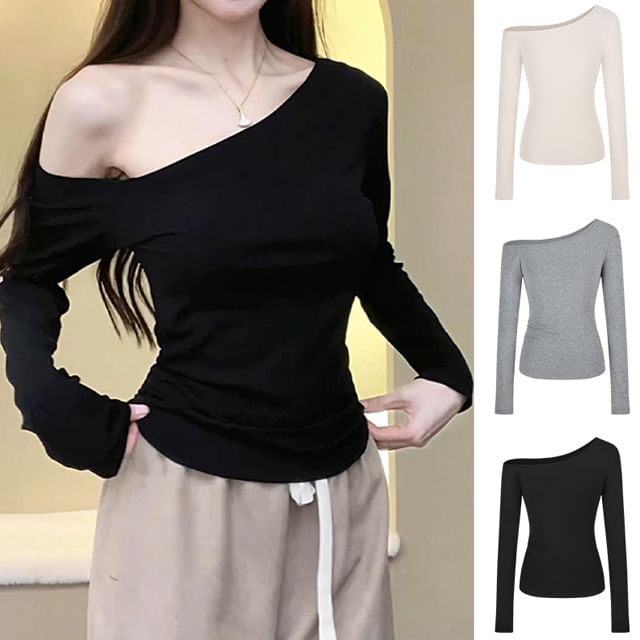 Dute-Long Sleeve One Shoulder Plain Top