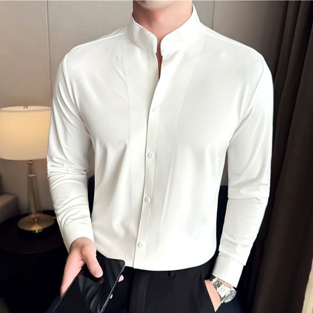 FORSETI-Long-Sleeve Mandarin Collar Plain Shirt