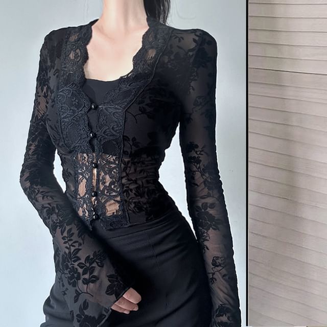 Allinya-Long-Sleeve V-Neck Lace Crop Top