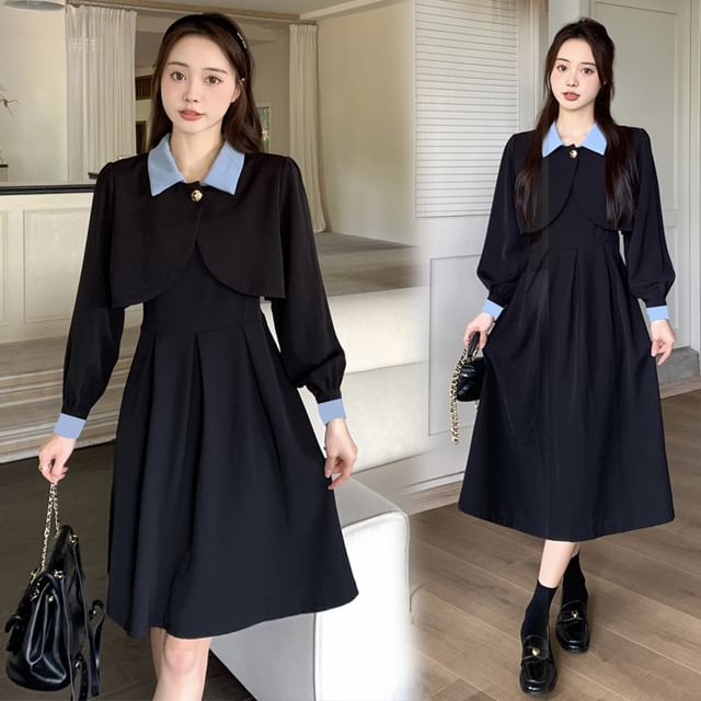 Set: Collared Two Tone Crop Jacket + Sleeveless Plain A-Line Dress (Various Designs) Set: Collared Two Tone Crop Jacket + Sleeveless Plain A-Line Dress (Various Designs)