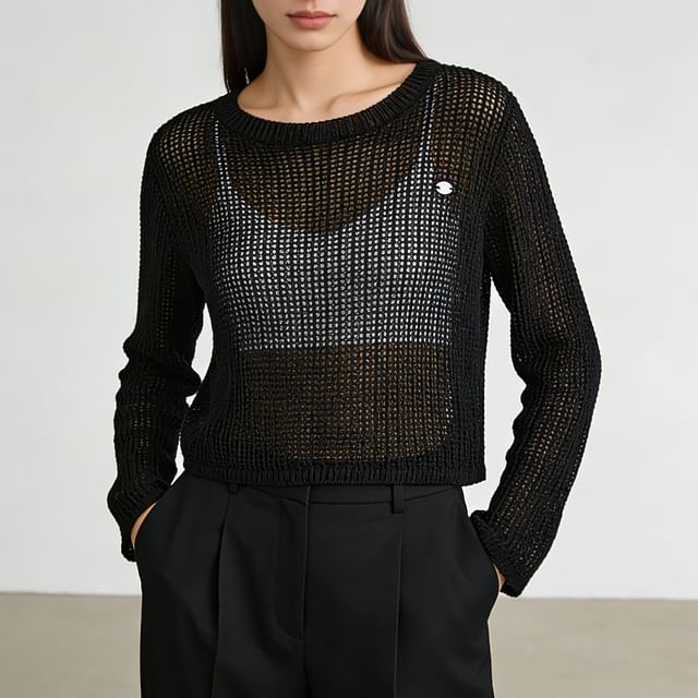 Gangacore-Long-Sleeve Crew Neck Plain Button Pointelle Knit Top