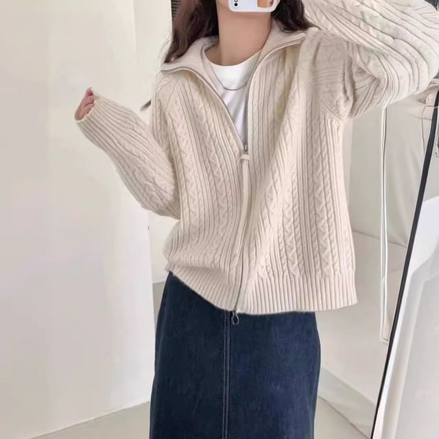 Hevnir-Plain Cable-Knit Zip Cardigan