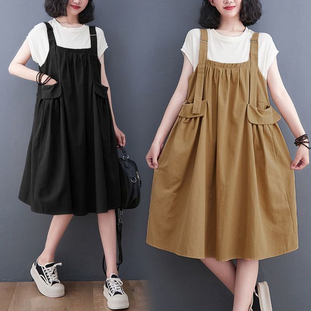 slim fit dress slacks Charcoal Black Cotton Flax Pinafore Midi Wrap Dress 50" / Petite (5'1" and below)