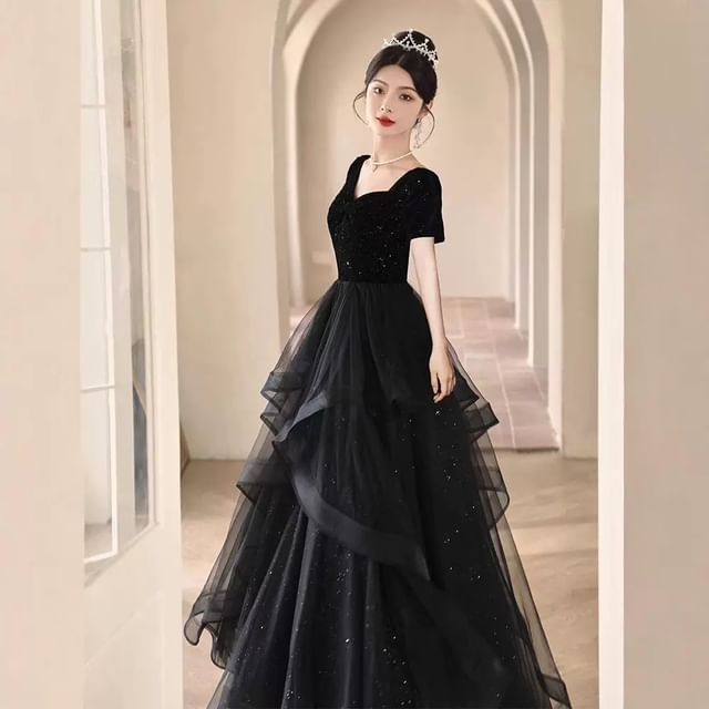 DreesHouse-Short-Sleeve Sequin Ruffle A-Line Evening Gown