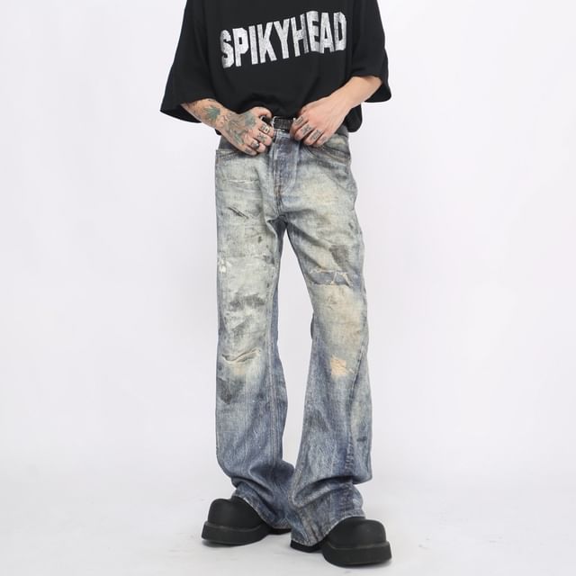Derbundy-High Waist Distressed Washed Flared Jeans