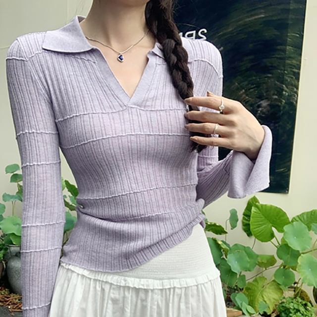 Yako-Long Sleeve Open Placket Plain Ribbed Knit Polo Top