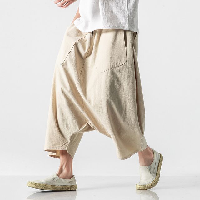 Women Unisex Five Linen Shorts Pants Haren Loose Low Hanging Drop Crotch 