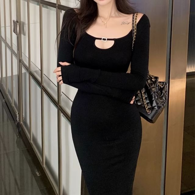long sleeve scoop neck bodycon dress Long Sleeve Scoop Neck Rib Knit Bodycon Midi Dress main image 0