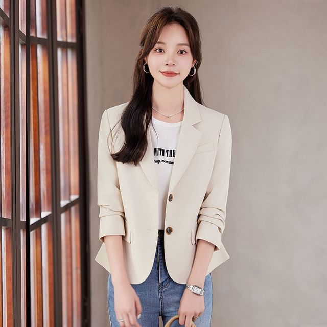 Skyheart-Lapel Collar Plain Single Breasted Crop Blazer